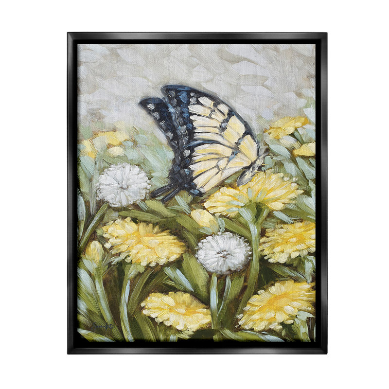 "Butterfly And Yellow Daisies" par Sara G., motifs sur toile, Cadre flottant noir de jais, H 31 po x l 25 po