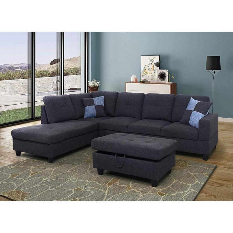 Palmer Square Upholstered Sectional, Right Hand Facing, Black 100% Linen