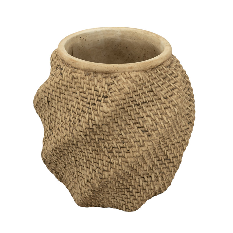 Pot décoratif décoratif sable et ciment brun avec motif tissé complexe, H 10 po x l 10 po x P 9,8 po