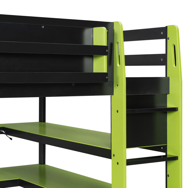 Lit mezzanine double en bois avec bureau, support de rangement latéral, tablettes multiples et lumière RVB, vert, Lit double