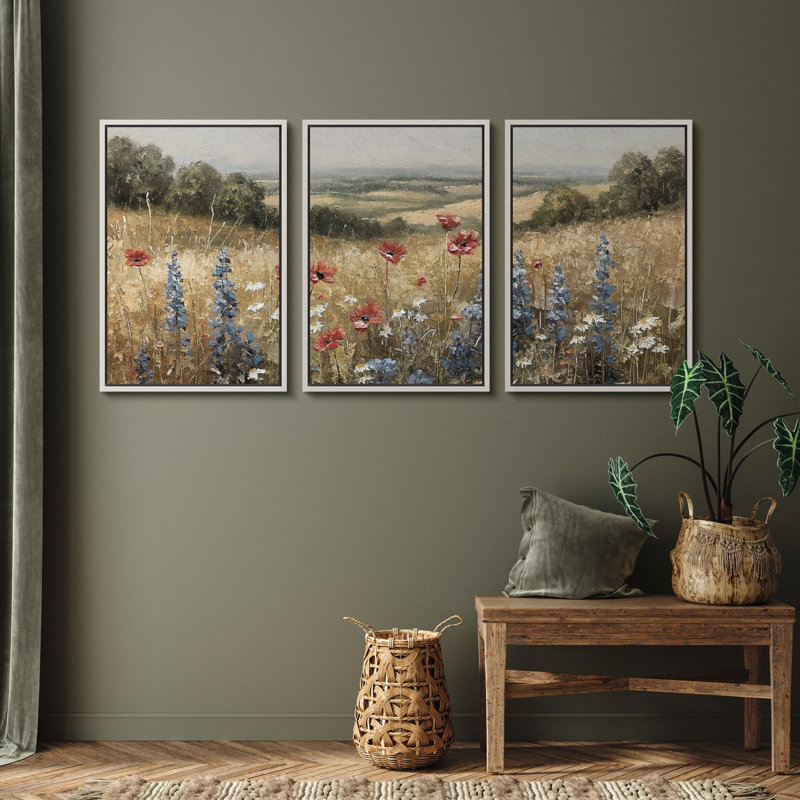 Wildflowers " Rural Splendour Delicate Wildflowers In Meadow Rustic Landscape Illustration Rustic Decor Multicolor " 3 - Pieces