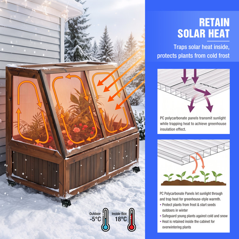 Wooden Cold Frame Greenhouse with Wheel, Chamber Fir Plant Cold Frame with Dual Independently Openable Flip‑Top Lids, Polycarbonate Panels Portable Plant Shelter for Balcony Patio Yard Indoor Outdoor