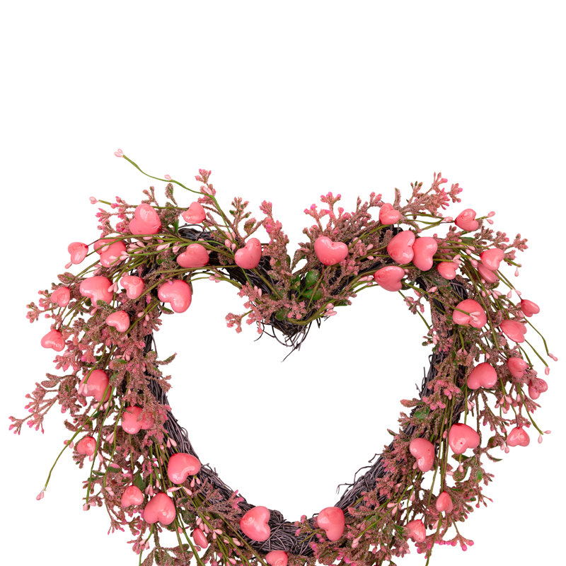 Hearts And Rosebuds Artificial Heart Shaped Valentine's Day Wreath - 18" - Pink
