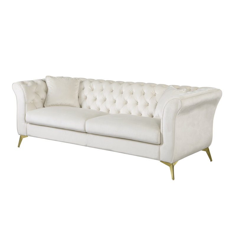 Ganyn 87" Velvet Rolled Arm Chesterfield Sofa, Beige