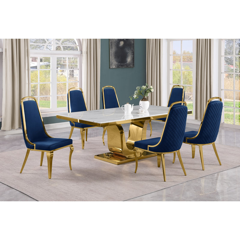 Ensemble de salle à manger rectangulaire L 78 po x l 42 po Kimoria, Bleu marine, 7