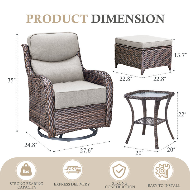 Deb 5-Piece Outdoor Conversation Set with Wicker Swivel Rocking Chairs, Ottomans & Side Table, Beige Cushion/Brown Frame