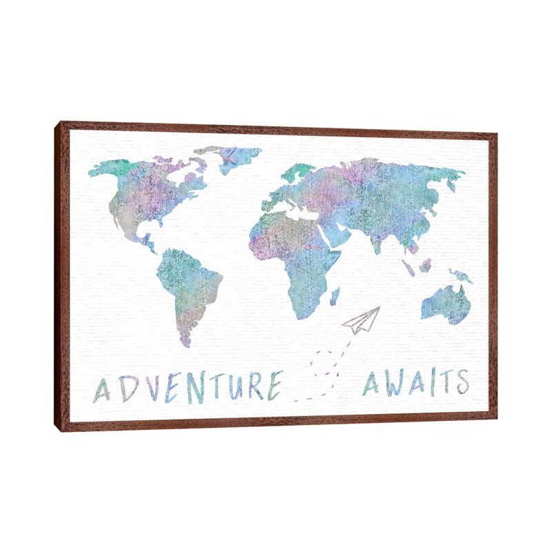 Adventure Awaits Map Metallic Rainbow by Nature Magick - Painting on Canvas, Classic Brown Wood Framed