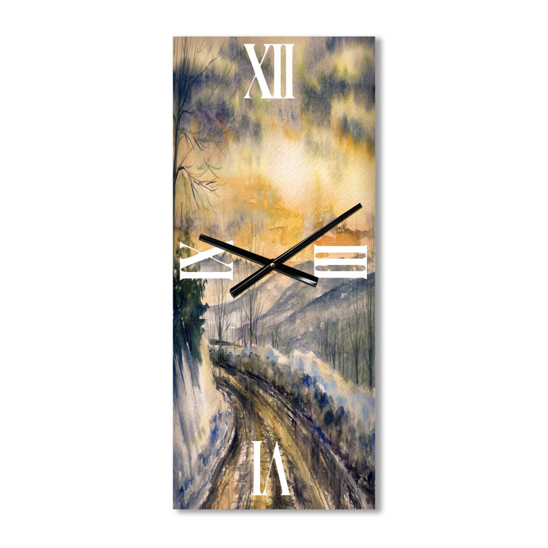 Paysage d'hiver avec route sous un coucher de soleil brillant - Horloge murale traditionnelle, Grand