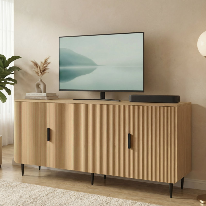 64.8" Natural Oak Fluted TV Stand with Storage Cabinet, Scandinavian Wood Media Console for TVs up to 75", Natural Wood/Black