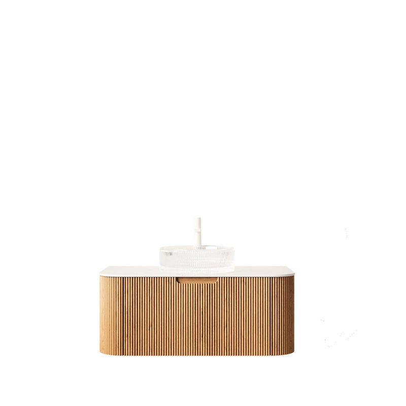 24" Wall - Mounted Bathroom Vanity With Crystal Glass Sink, Natural Cabinet, Easy To Maintain, Modern Design Basin, Drawer, Ample Storage Space