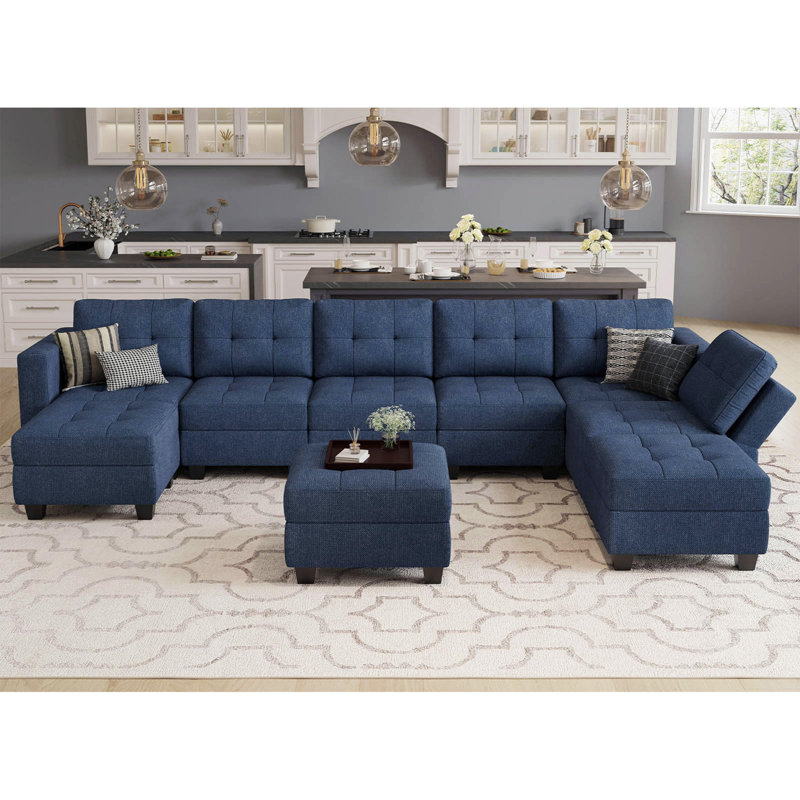 Canapé modulaire en U avec coussins en U de 143 po Ashbury Ivery, Mélange de polyester bleu
