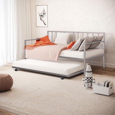 1Pc Twin Size Silver Metal Daybed With Trundle, Contemporary Look, Full Structure, 77 Inches Long Trundle Finish Design, 38"H Mattress Ready Bed