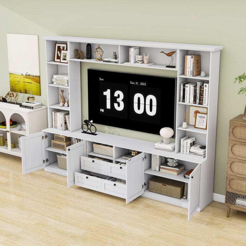 Meuble audio-vidéo avec 4 tiroirs, tablettes réglables et armoires, Blanc