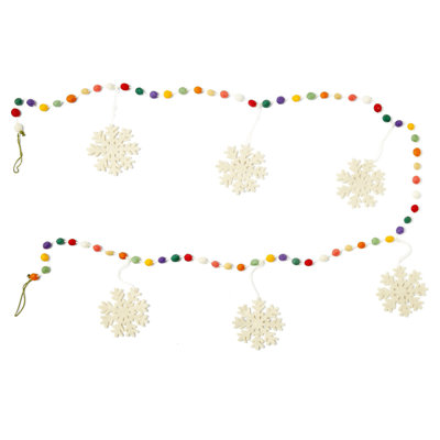 Guirlande de Noël en laine feutrée à la main - Pois multicolores avec flocons de neige blancs - 6 pi