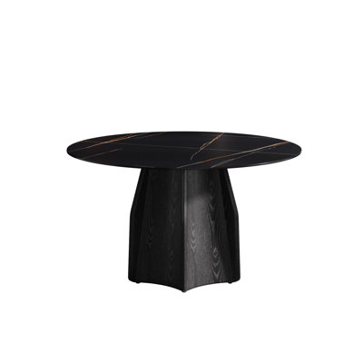 Table de salle à manger ronde de 53 po avec base en bois massif noir, surface en pierre frittée pour 6 personnes, table de salle à manger moderne, teinte et facile à entretenir pour les rayures et la chaleur