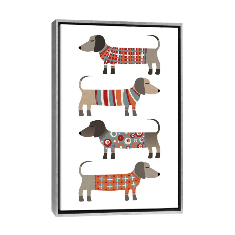 «Sausage Dogs in Pulls» par Nic Squirrell - impression, H 48 po x l 32 po x P 1,5 po, Toile avec cadre argenté, Pas de tapis