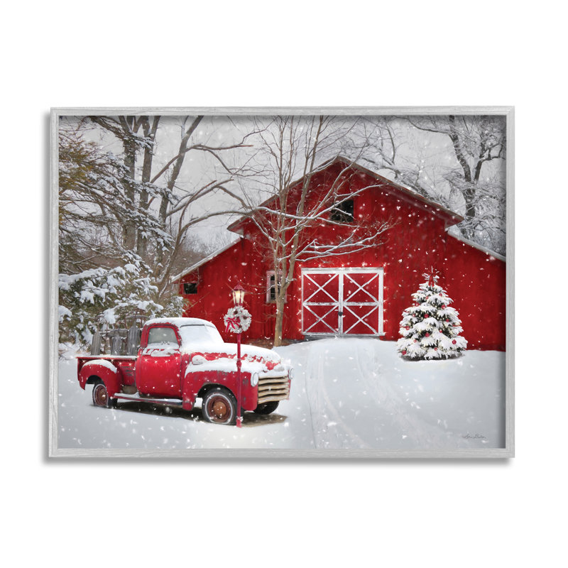 Red Barn and Vintage Truck Winter Scene Canvas Print