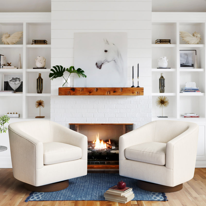 Forno Upholstered Swivel Barrel Chair With Wood Base, Beige