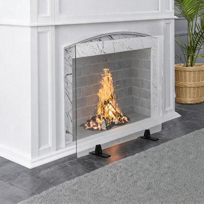 29 x 39 Inch Tempered Glass Fireplace Screen with Black Metal Base, Clear Freestanding Fire Screen for Living Room and Outdoor Fire Pit