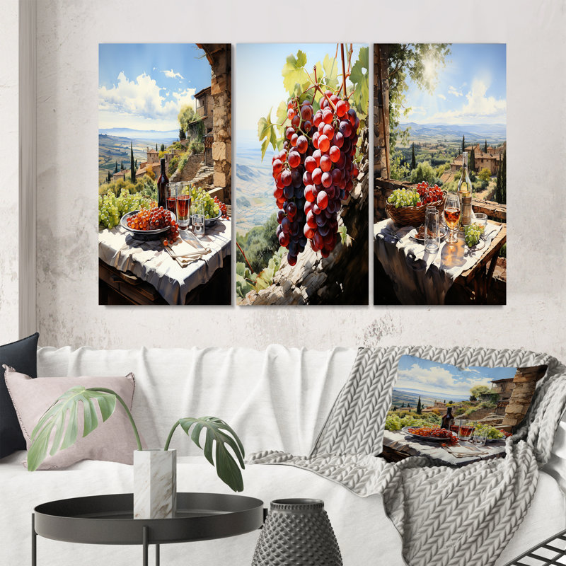 «Vineyard Rendezvous In Rioja», 3 pièces, H 32 po x l 48 po, Toile tendue