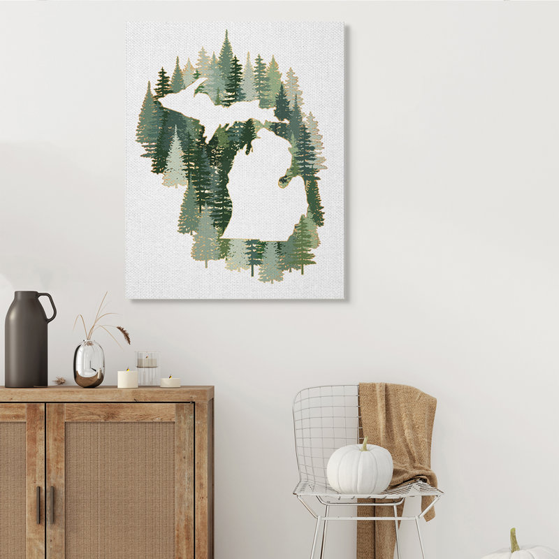 Michigan State Outline, pin vert, forêt, H 48 po x l 36 po, Toile tendue