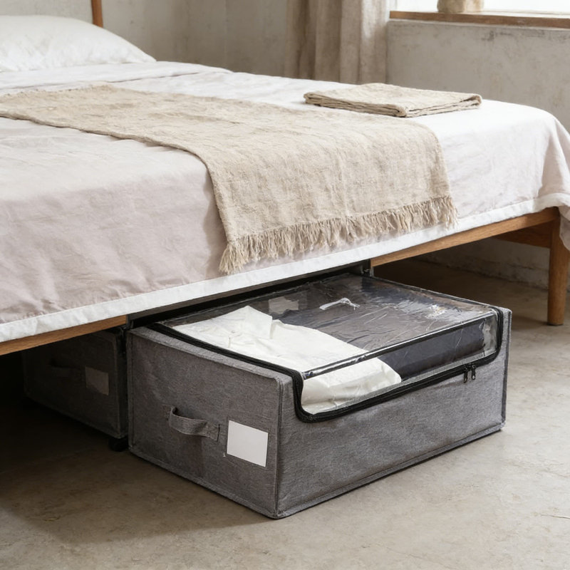 Under Bed Storage Container With Wheels And Clear Zippered Lid, Heavy-Duty Steel Frame Rolling Storage Organizer For Clothes, Shoes, And Seasonal Items, Space-Saving Design