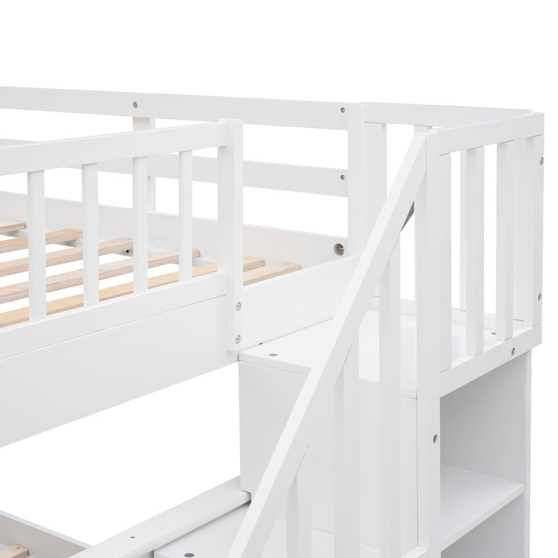Lit superposé pour escalier avec rangement et garde-corps blanc pour chambre à coucher, pin, tablettes, lit sans ressorts, chambre à coucher, structure solide, escalier sécuritaire, conception séparable