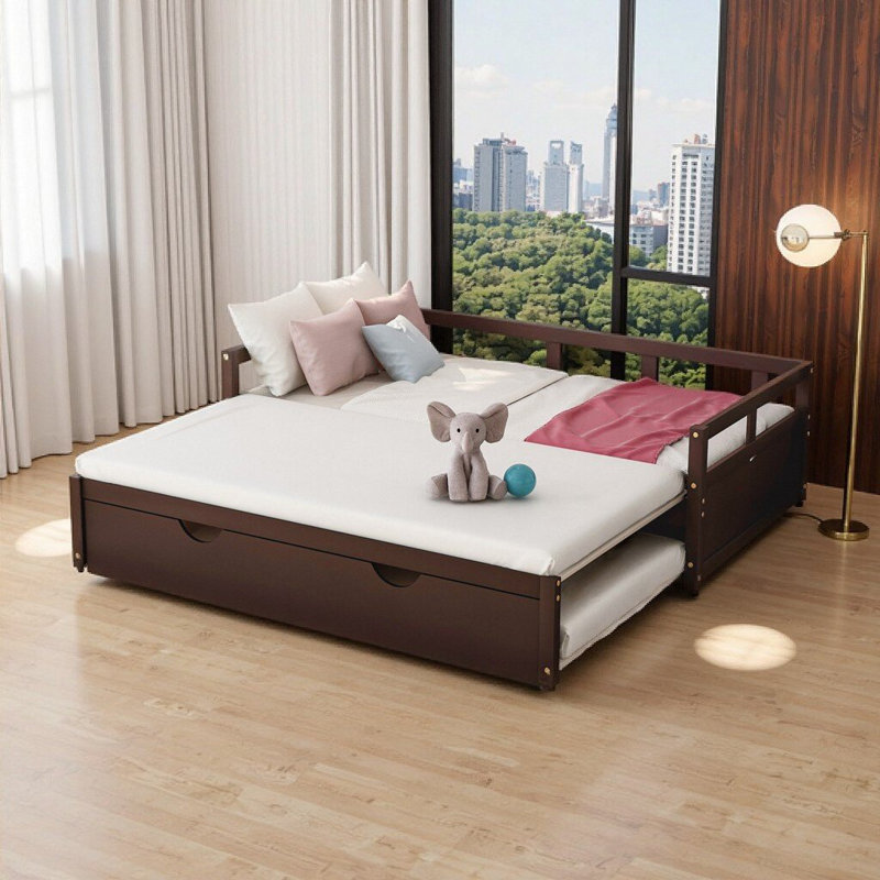 Lit de jour extensible en bois massif avec lit gigogne - conversion simple à très grand, finition espresso, aucun sommier nécessaire