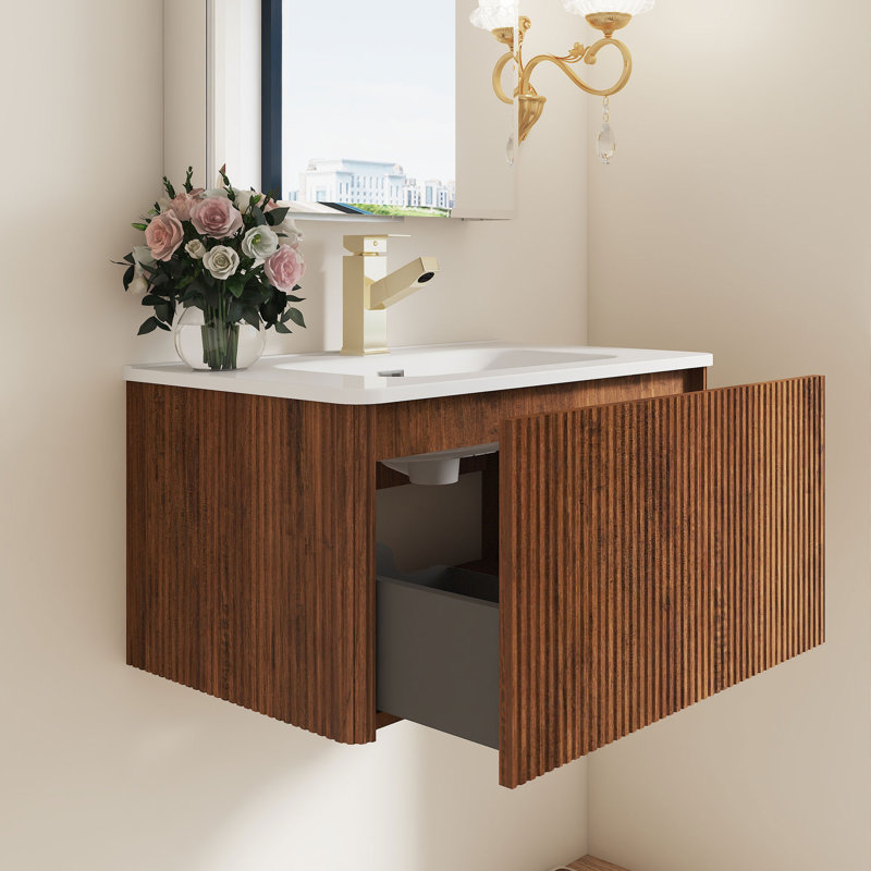 30 Inches Wall-Mounted Bathroom Vanity Set With Ceramic Basin, Walnut
