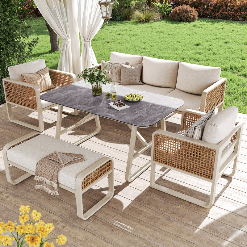 Beige 6-7 Seater Garden Lounge Set, PE Rattan Seating Group Incl. Side Table, Garden Sofa With Washable Cushions, Adjustable Feet