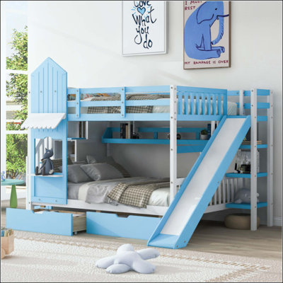 Castle Style Bunk Bed With 2 Drawers 3 Shelves And Slide