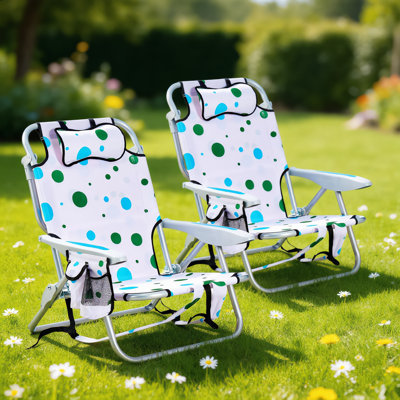 Two Piece Adult Camping Beach Chairs Fold Flat With Backpack Towel Rack Cup Holder Zipper Pocket Geometric Round Pattern