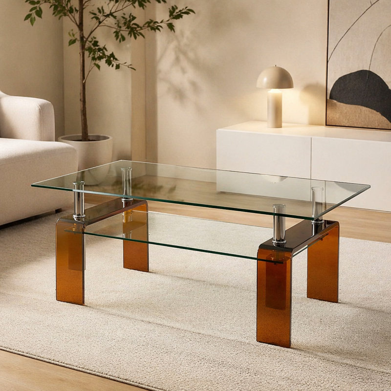 Table basse en verre trempé, table basse moderne en verre pour le salon, table basse avec rangement brun 2Tier, Brown