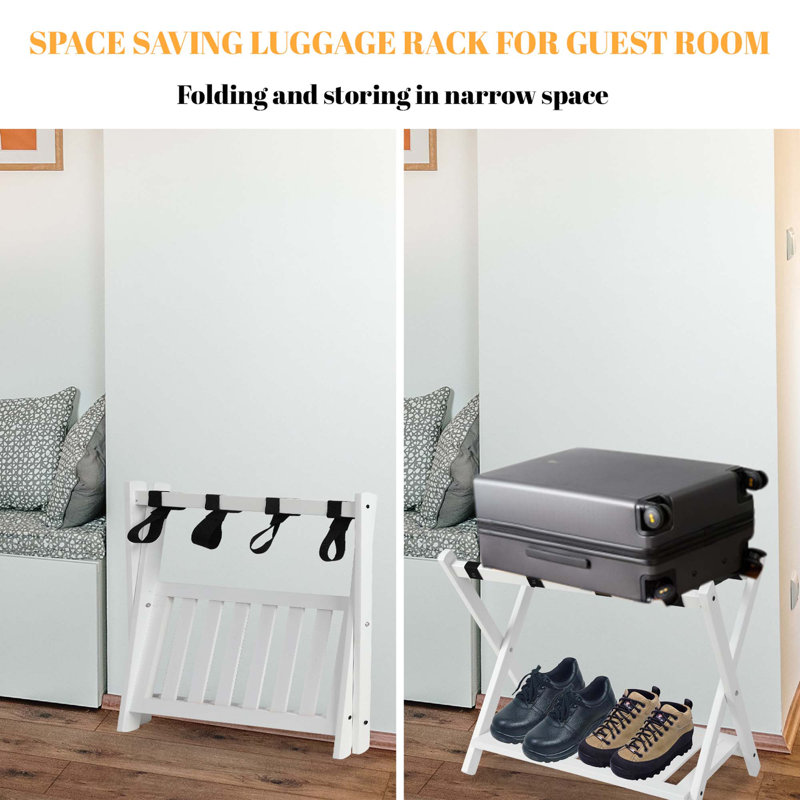 Porte-bagages pliable en bois avec tablette, Ensemble de 2, Blanc