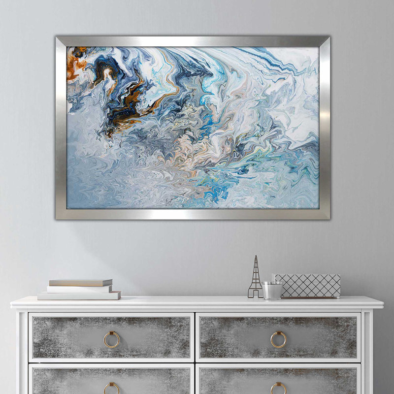 «Reading the actuel», peinture sur toile à cadre flottant, Encadrement argenté, H 27,5 po x l 39,5 po x P 0,75 po