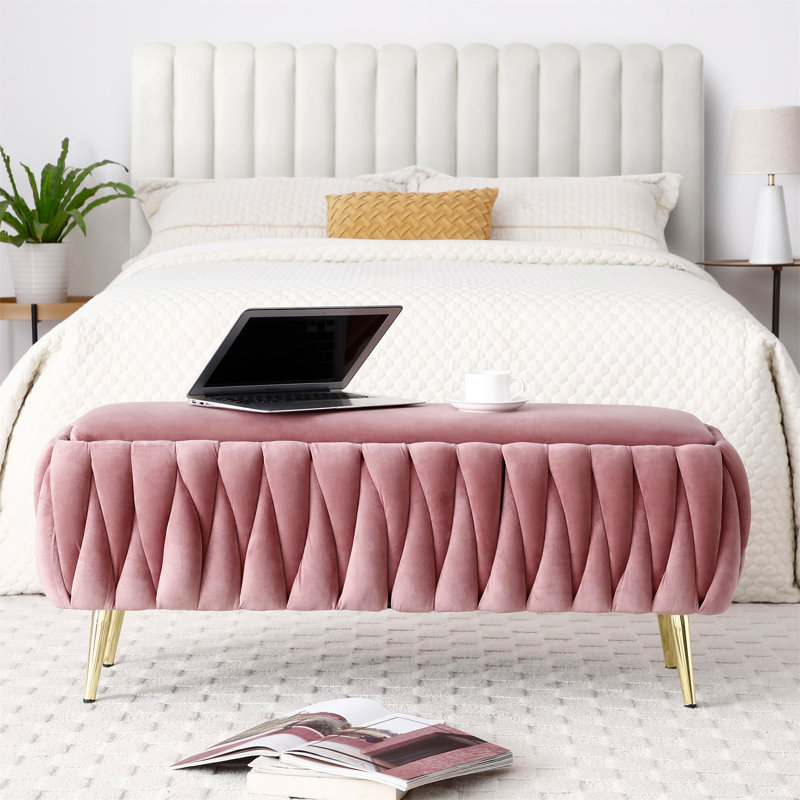 Banc de rangement polyvalent en velours pour diverses pièces, rehaussant l'espace et le style., Rose clair