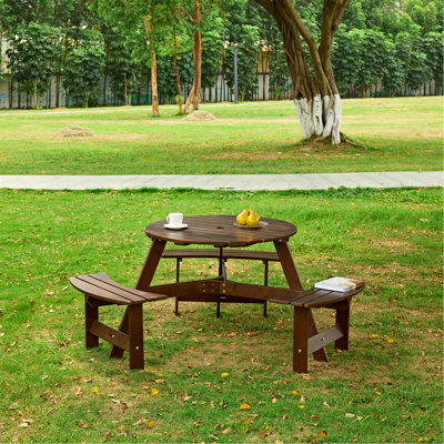 Table de pique-nique d'extérieur pour 6 personnes, table de pique-nique ronde pour 6 personnes avec 3 bancs intégrés, trou pour parasol, ensemble de table et banc d'extérieur pour le jardin, la cour, le porche, le patio, brun