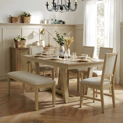 Ensemble de table de salle à manger extensible 6 pièces avec rallonge amovible de 18 pouces, 4 chaises de salle à manger rembourrées et long banc