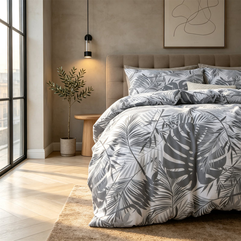 Ensemble de couette réversible noir et gris à motifs botaniques pour lit queen, 7 pièces dans un sac, Grand lit