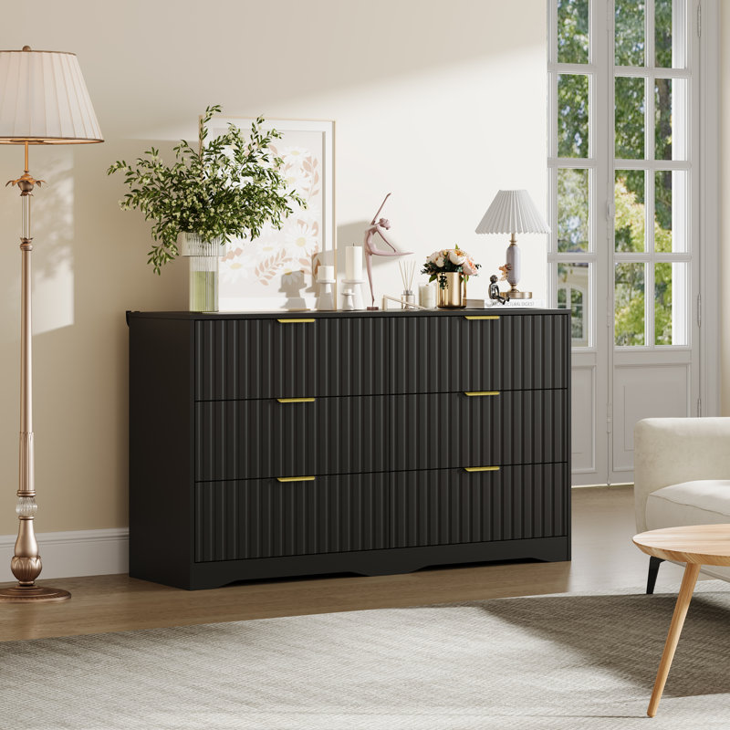 Commode 6 tiroirs cannelée en bois moderne, Noir