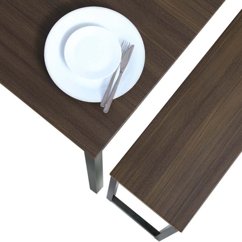 Ensemble de table de salle à manger moderne avec deux bancs Ebern Designs, HDT111002WR, Brun, Noir, Brun / noir