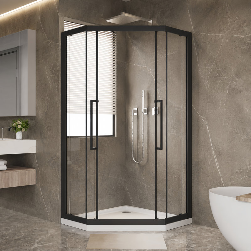 Enceinte de douche coulissante 36 "x 72" néo-angle - Verre trempé transparent 1/4 ", porte en forme de losange