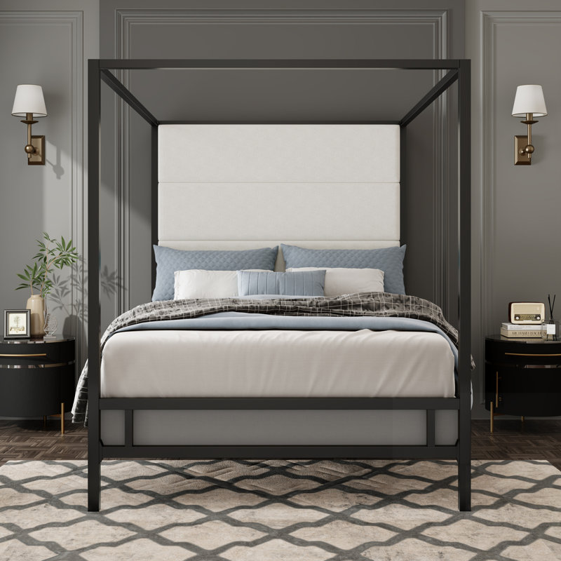 Luxueux lit à baldaquin moderne avec tête de lit tapissier en velours, structure en métal durable et conception élégante à 4 affiches pour une expérience de sommeil royale