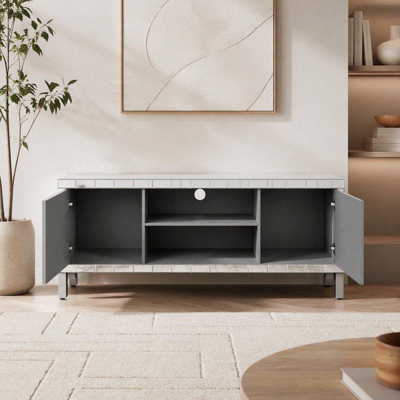 Meuble télé en miroir pour téléviseur de 65 pouces et plus, console de télévision avec rangement ouvert et 2 armoires de rangement, portes miroir en forme de diamant pour le salon (l 59 po x H 25,2 po x P 15,7 po)