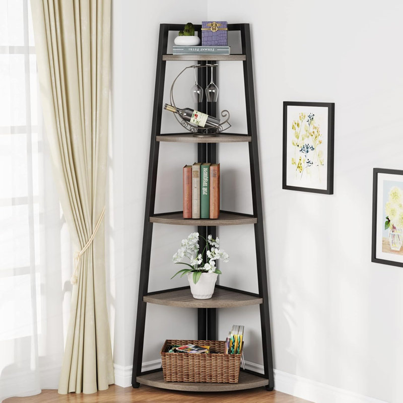 Tablette d'angle, bibliothèque d'angle rustique à 5 niveaux, étagère d'angle industrielle, support pour plante, Grey