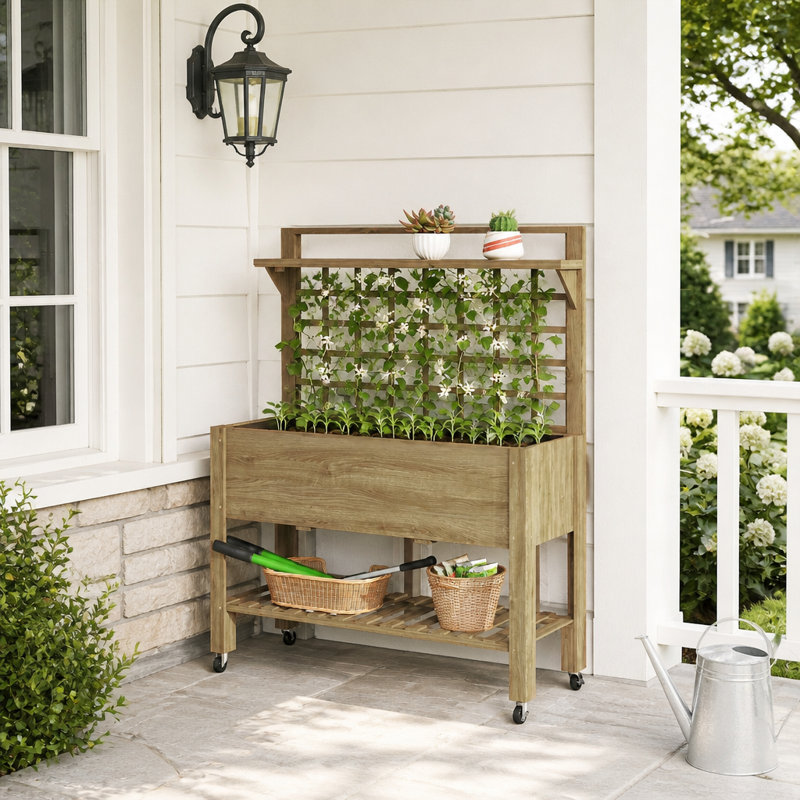 Potager surélevé mobile en bois avec treillis et rangement à plusieurs niveaux pour herbes aromatiques, légumes et fleurs