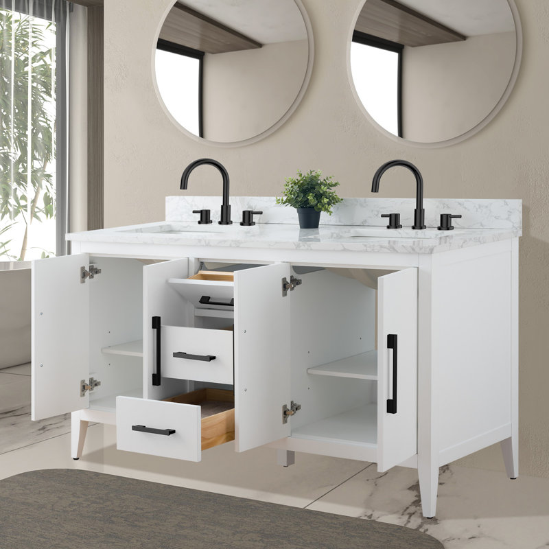 Ensemble de meuble-lavabo double 60 po avec plateau en marbre Chambery, Blanc, Noir mat