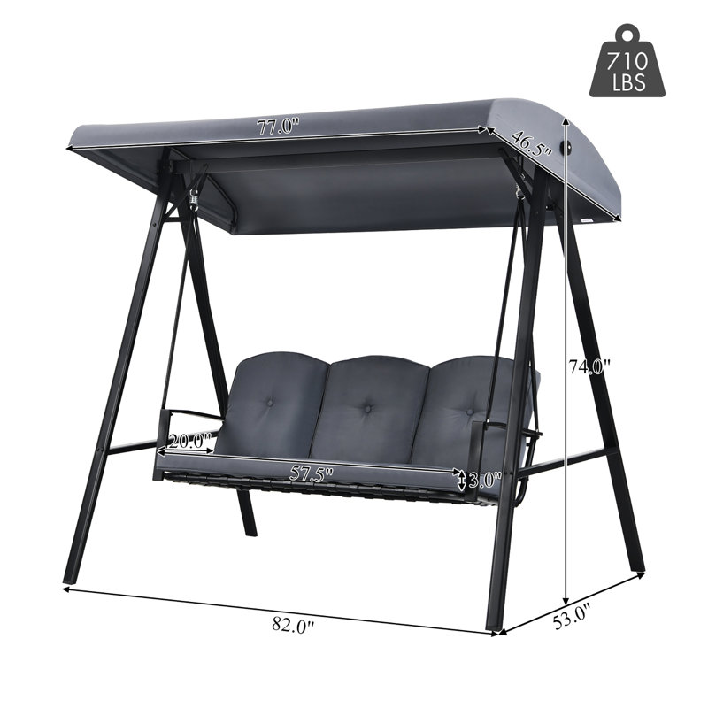 Gray Steel 3-Seat Outdoor Porch Swing with Adjustable Canopy