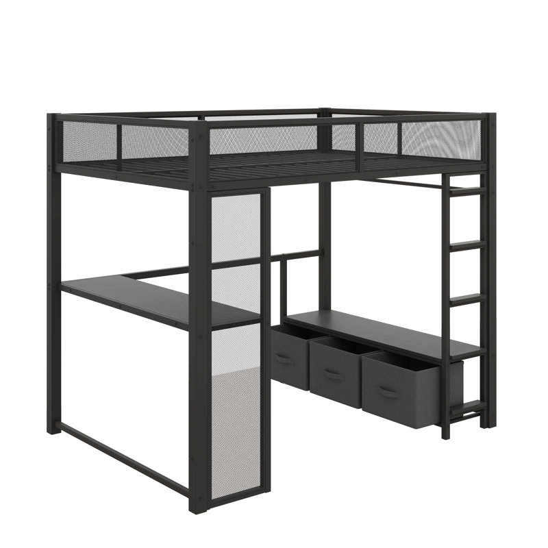 Lit mezzanine double avec bureau intégré, éclairage à DEL et escalier, Noir