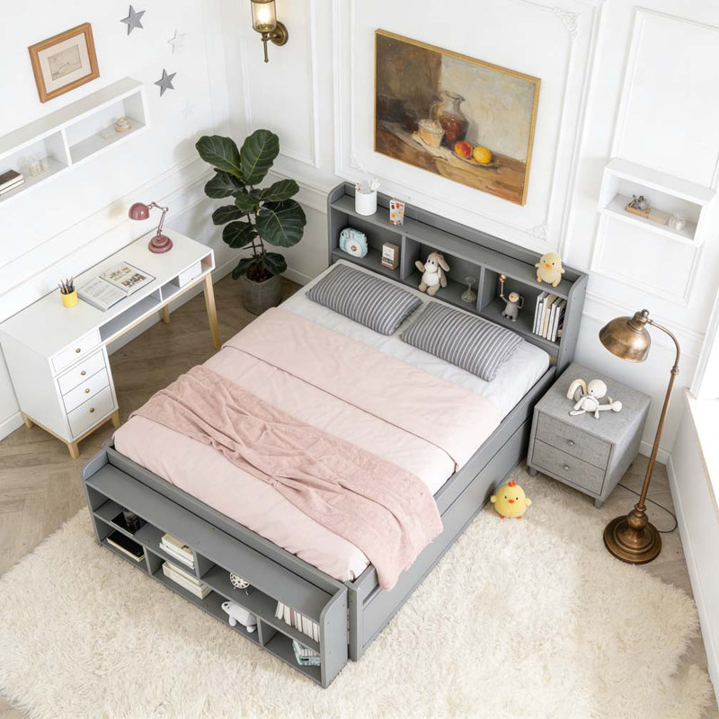 Lit double avec tête de lit bibliothèque, tiroirs de rangement sous le lit et étui de rangement, gris